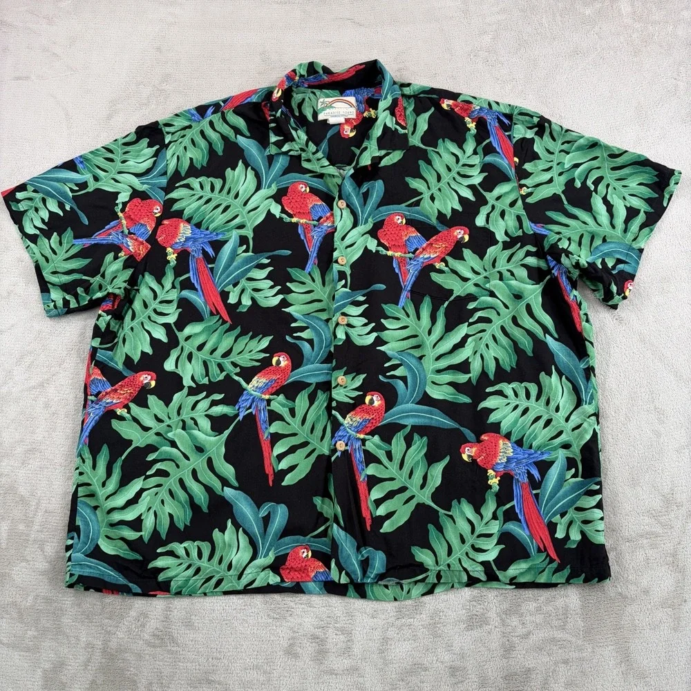 VTG Paradise Found Shirt Men 3XL Multi Hawaiian Aloha Parrot Macaw Magnum PI 80s